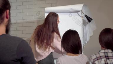 年轻的女商人画白板纸上的内容领先的业务会议